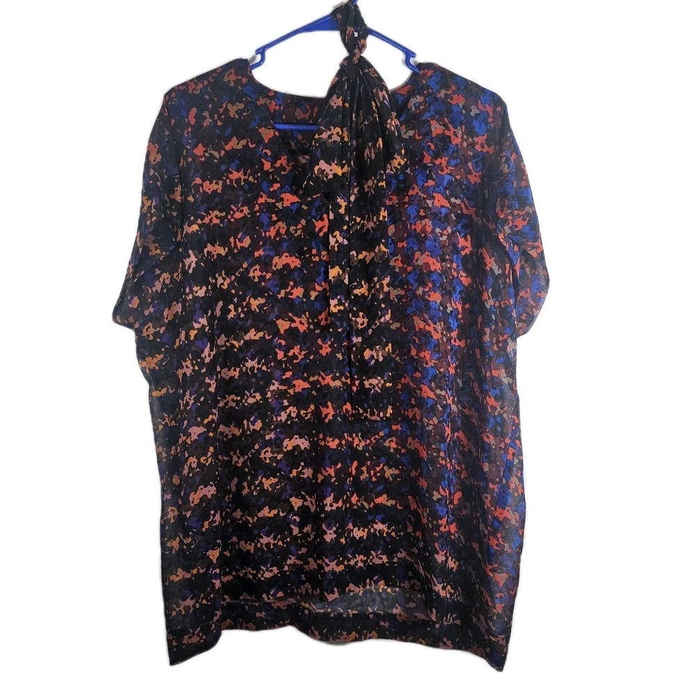 CAbi The Bonus Print Blouse Style Women's Large Med Red Chiffon V-Neck Top